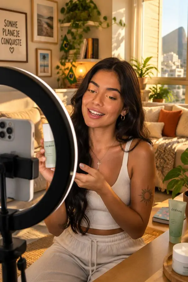 Criadora gravando vídeo de skincare
